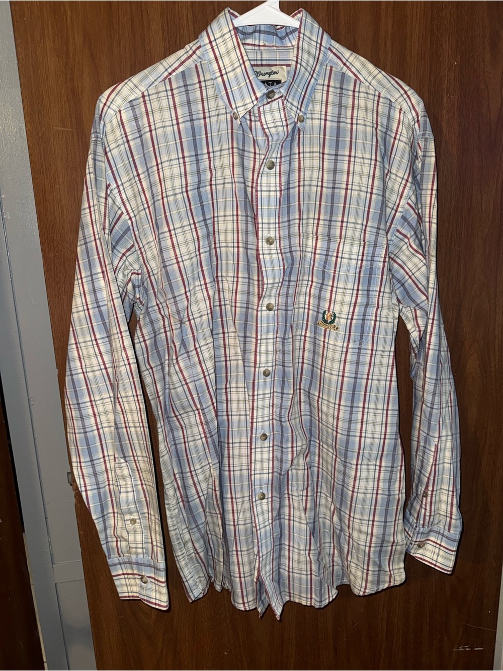Plaid Button-Down Shirt in Light Blue, White & Red